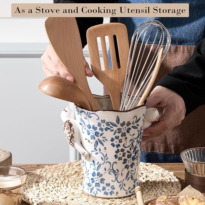 6.34"H Utensil Holder for Kitchen Counter, Modern Farmhouse Cooking Utensil Holder and Crock Home Kitchen Decor, Ceramic Utensil Organizer for Spatula, Ladle, Eggbeater, Rolling Pin- Blue and White