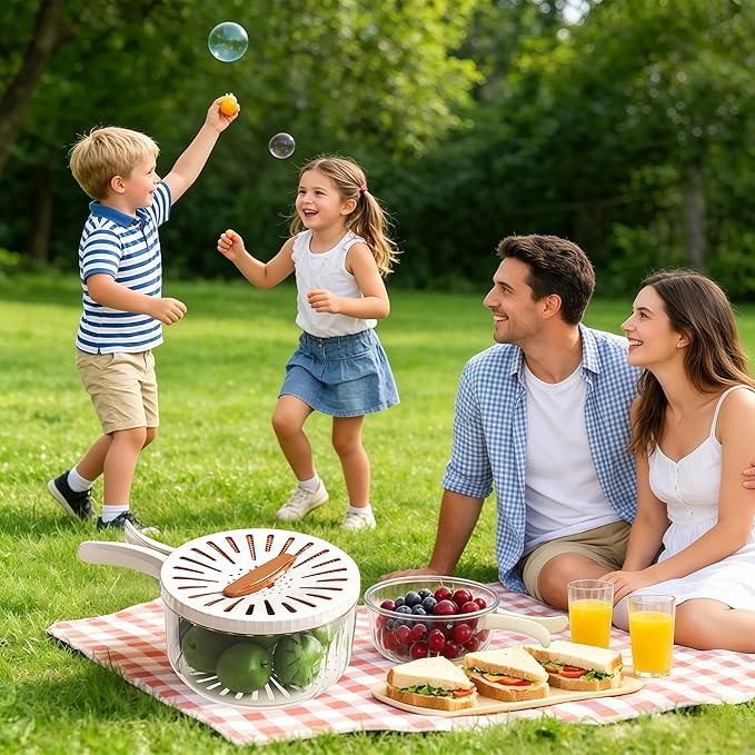 Multifunctional Fruit Washing Bowl with Strainer, 2 in 1 Drain Basket and Fruit Strainer Container with Lid, Fruit Washer Bowl for Kitchen, Fridge, Picnic & Camping, 1QT (1000ML)