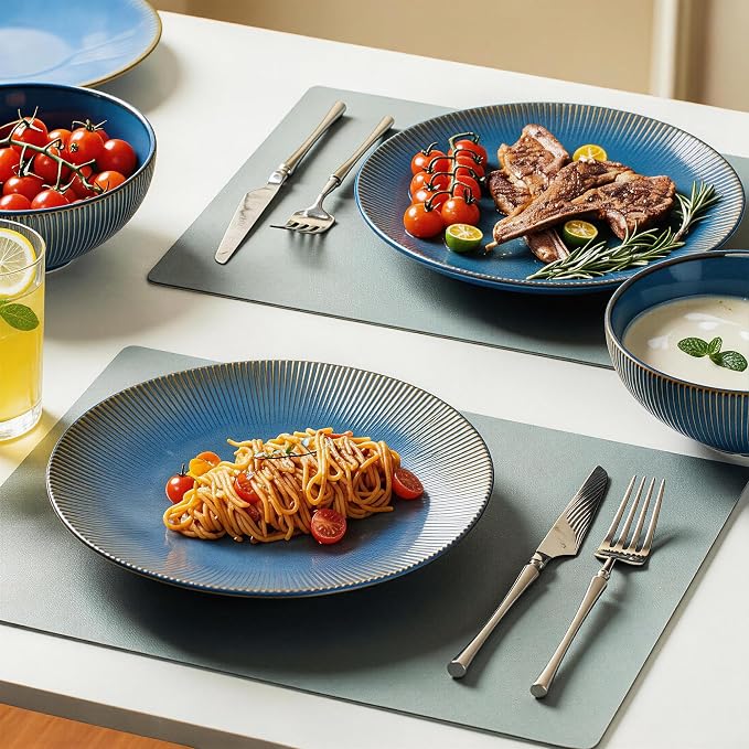 Dinnerware Sets for 4, 12 Piece Stoneware Plates and Bowls Sets, Ribbed Texture, Scratch Resistant Dish Set, Microwave and Dishwasher Safe, Blue