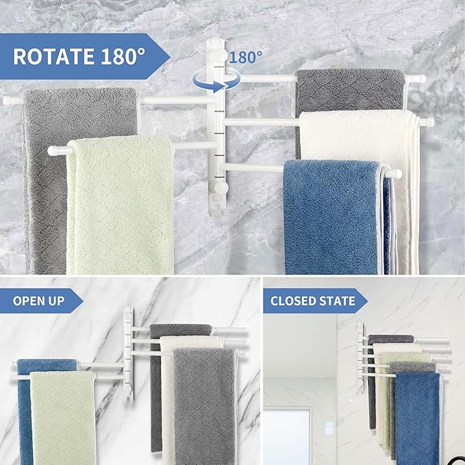 Swivel Towel Rack, 12.6 Inch Towel Bar with Wall Mounted 180° Rotation, 5 Arms Towel Hanger SUS 304 Stainless Steel, Space Saving for Kitchen, Bathroom, Outdoor, White