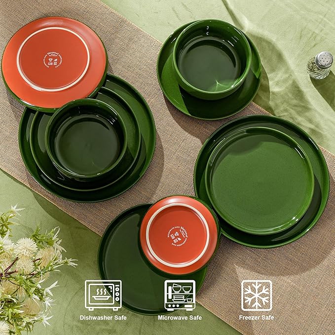 6 Piece Ceramic Plates and Bowls Sets for 2, Elegant Green | Stoneware Dinnerware Set, Dishwasher & Microwave Safe, Handcrafted, Perfect for Family and Gatherings