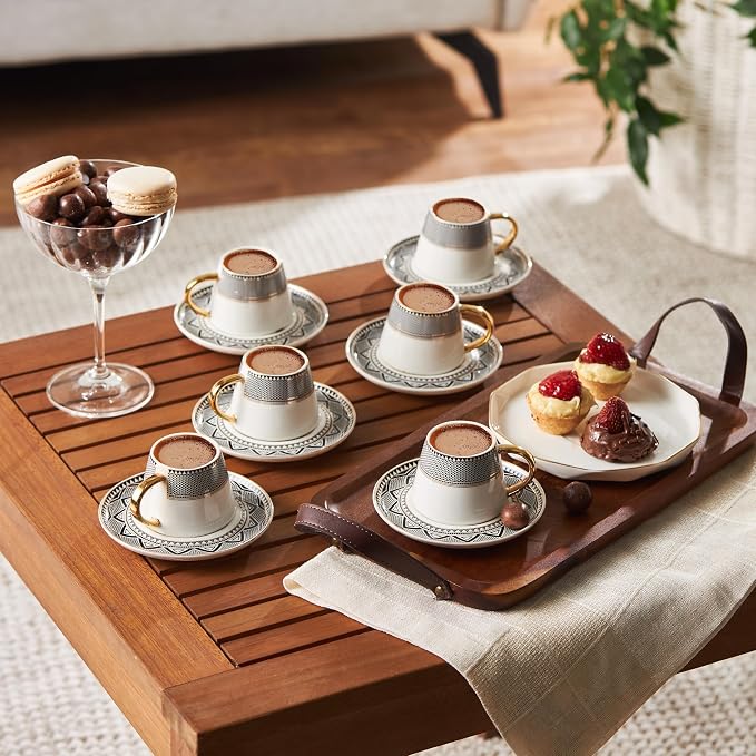 KARACA Globe Turkish Coffee Cup Set of 6, 80ml, 2.7 oz, Small Espresso Cups with Saucers, Porcelain, Black Patterns, and Gold Handles, Ideal for Serving Greek, Arabic Coffee