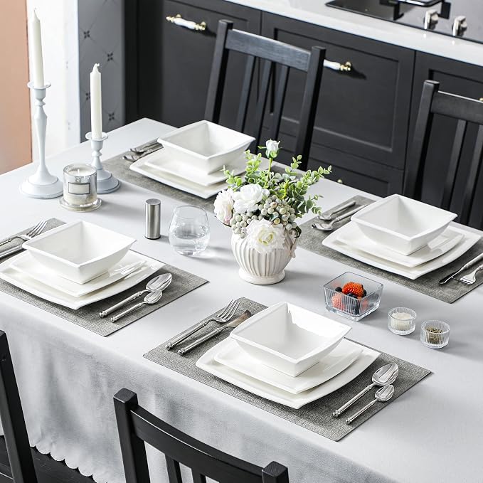 MALACASA Plates and Bowls Sets, Square Dinnerware Sets for 6 (30pcs), Series Blance