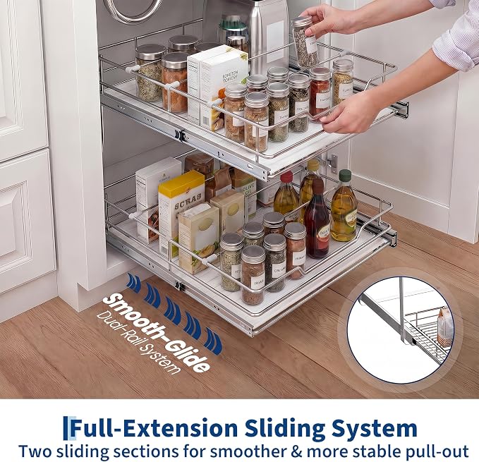 Garvee 2-Tier Pull Out Cabinet Organizer, Pullout Shelf and Drawer Organizer with Heavy-Duty Steel Frame, Slide Out Storage Basket for Kitchen, Pantry & Under Sink, 17" W x 21”D x 15" H