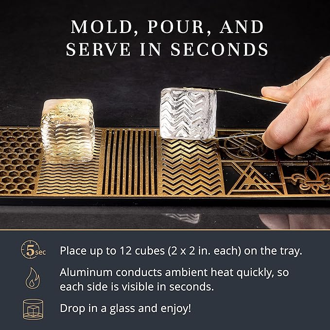Clear Ice Cube Maker Design Tray - Craft Modern Ice Molds for Bourbon & Cocktails in 5 Seconds - Whiskey Mold Cube Stamp – Bartender Accessories - Copper Ice Press Cocktails by Ash Harbor (Patterns)