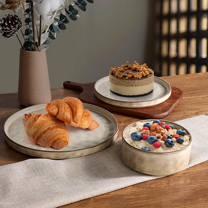 LIANYU 18 Piece Dinnerware Dish Set for 6, Stoneware Plates and Bowls, Ceramic Dinner Tableware Sets Includes Dinner Salad Plates, Cereal Bowls, Chip & Scratch Resistant, Sandy Beige