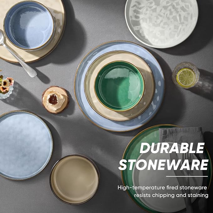 E-far 16-Piece Plates and Bowls Sets with Pasta Bowls - Stoneware Dinnerware Set for 4, Modern Ribbed Dishes, Microwave & Dishwasher Safe, Multicolor