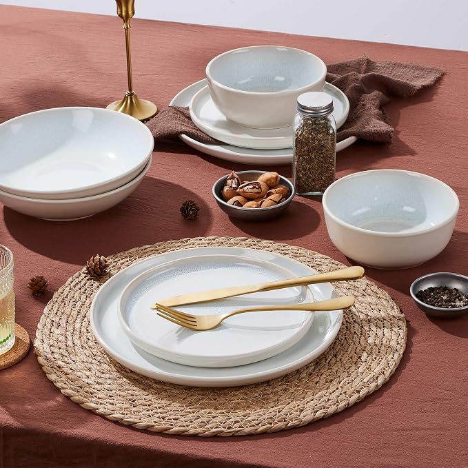 LIANYU Dinnerware Sets with Pasta Bowls for 4, 16 Piece Stoneware Plates and Bowls Set, Modern Dinning Ware Dishware Set, Microwave and Dishwasher Safe, Dusk White