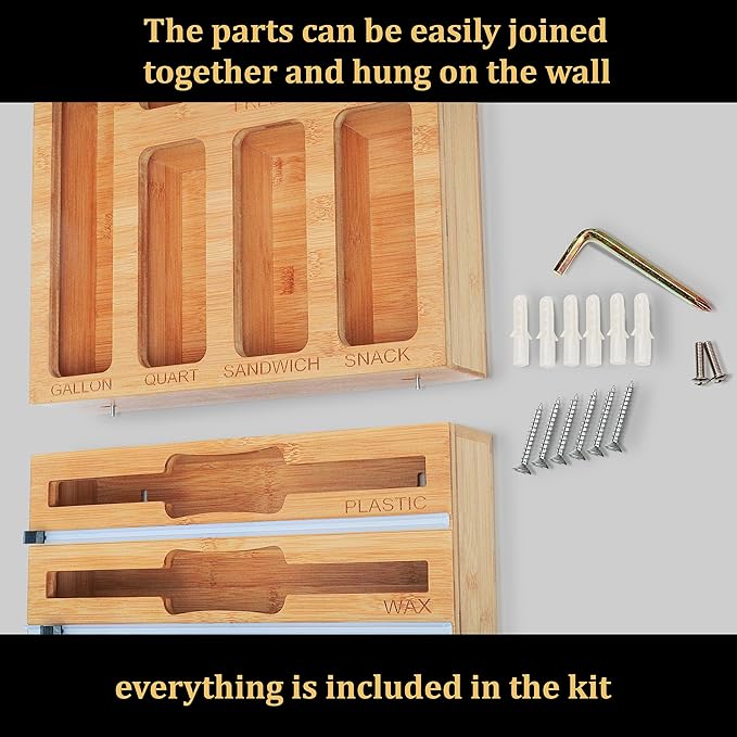 9 IN 1 Bamboo Foil and Plastic Wrap Organizer for Kitchen Drawer, Plastic Bag Organizer Organization and Storage, Food Storage Bag Organizer with Labels for Quart Gallon Snack Sandwich