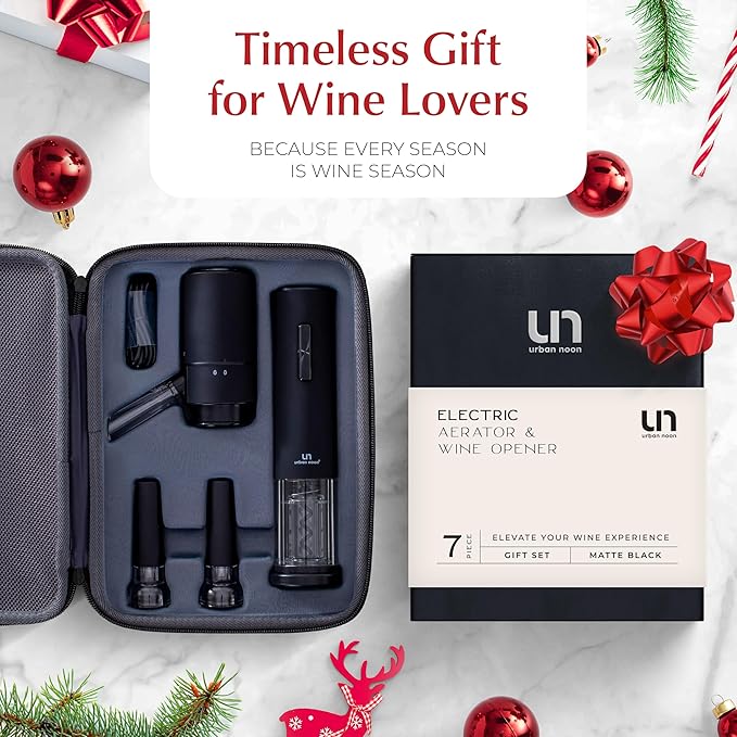 Rechargeable Electric Wine Opener Set with Aerator, Foil Cutter & Vacuum Stoppers – Automatic Wine Bottle Opener Kit with Portable Case – 7 Piece Wine Gift Set (Black Matte)