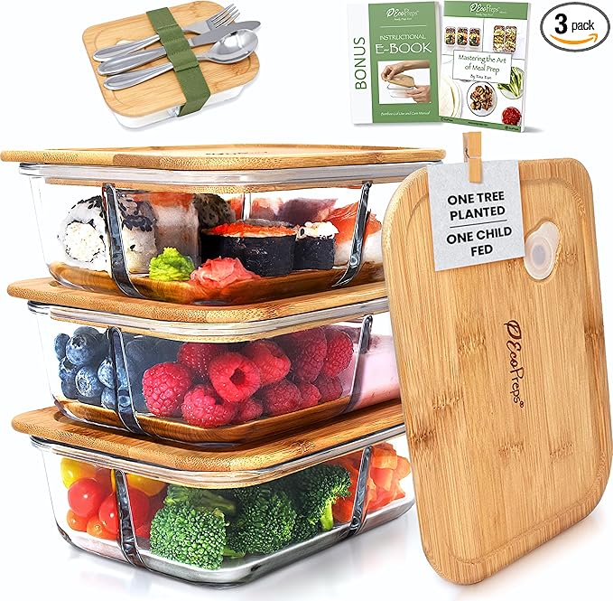 EcoPreps Glass Bento Box Containers with Bamboo Lids, 3 Compartment Glass Meal Prep Containers (3 Pack) - 100% Plastic Free, Eco-Friendly Lunch Container Set, Bamboo Lid Bento Boxes for Adults