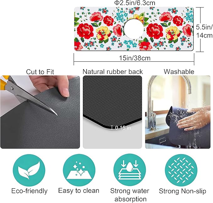 Kitchen Sink Splash Guard Faucet Mat Super Absorbent Fast Drying Mat Sink Gadgets Splash Guard Behind Faucet Drip Catcher for Kitchen (Beautiful Flower, 15x5.5in)