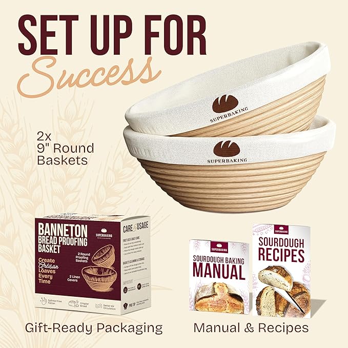 Superbaking Sourdough Starter Kit, 9" Round Banneton Bread Proofing Basket Set of 2, Sourdough Bread Baking Supplies, Sourdough Tools with Silicone Bread Sling, Bread Making Tools, Baking Gifts