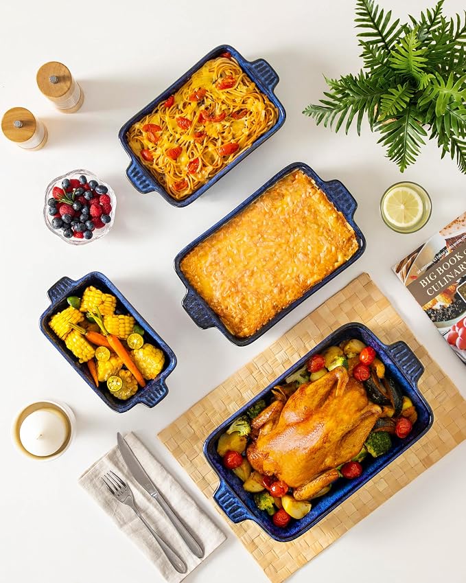 vancasso Ceramic Casserole Dishes for Oven, Reactive Glaze Bakeware Set of 4, Deep Rectangular Baking Dishes with Handles, Lasagna Pan Set, Microwave & Dishwasher Safe, Blue (9.4"/11.1"/12.2"/14.7")