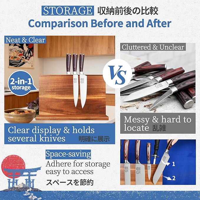 XYJ Magnetic Knife Block, Dual-Sided Strong Magnets, Acacia Wood Extra Large Stable Countertop Design, Kitchen Cutlery Display Stand without Knives