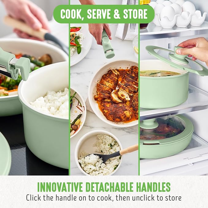 GreenLife 10 Piece Nonstick Pots & Pans Set, Detachable Handle & Stackable Cookware Set, Non Toxic PFAS-Free Skillets, Induction Kitchen Pans, Space Saving, Serving Bowls, Oven Safe, Sage Green