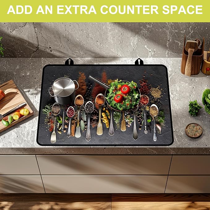 Glass Stove top Cover 28"x 20", Stove Top Covers for Electric Stove, Flat Range Mat for Glass Cooktop, Kitchen Heat-Resistant Protector Non-Slip Drying Mat (Herbs Spices)