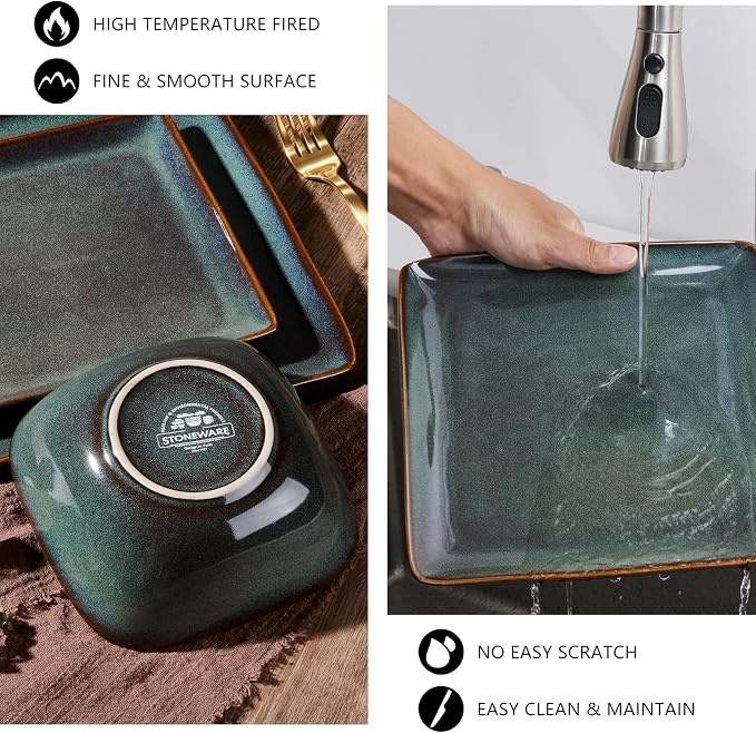 E-far Square plates and bowls Sets for 6, 18-Piece Reactive Glaze Stoneware Dinnerware Sets, Ceramic Dishes for Kitchen Dining, Microwave & Dishwasher Safe, Obsidian Green