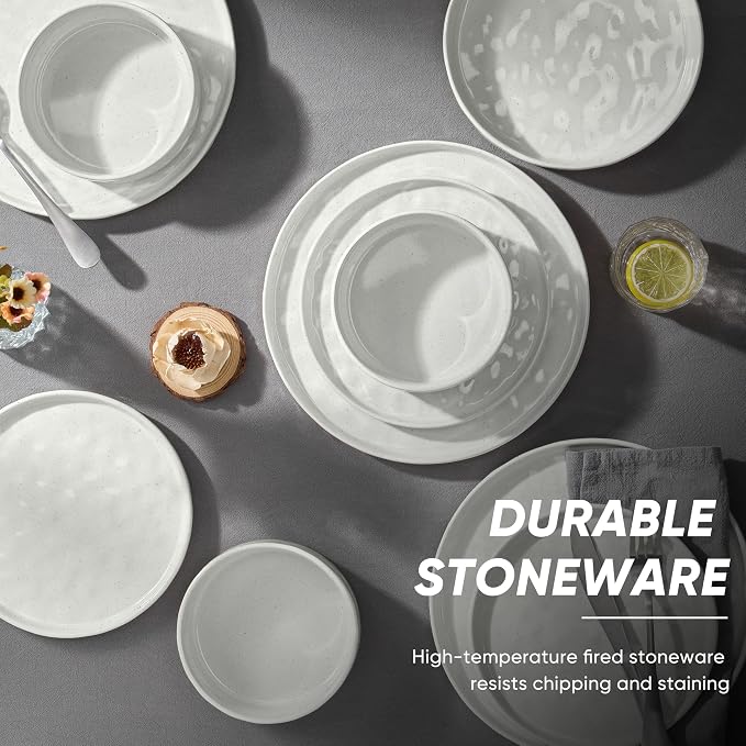 E-far 8-Piece Plates and Bowls Sets with Pasta Bowls - Stoneware Dinnerware Set for 2, Modern Ribbed Speckled White Dishes, Microwave & Dishwasher Safe