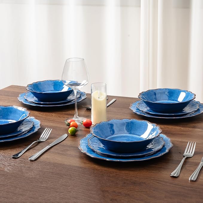 LEHAHA 12 Piece Rustic Farmhouse Luxury Melamine Dinnerware Sets, Thick Unbreakable but Lightweight Plates and Bowls Set, Vintage Spring and Summer Camping Dishes Set, Dishwasher Safe, blue