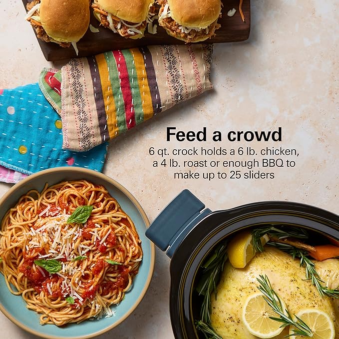 Hamilton Beach 6 Quart Slow Cooker with Space-Saving Folding Handles, 3 Heat Settings, Dishwasher Safe Stoneware Crock and Glass Lid, Kitchen Makeover Blue (33608)