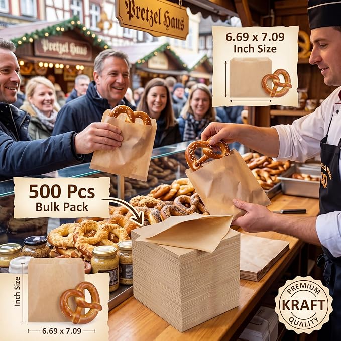 Colarr 500 Pcs Soft Pretzel Bags 6.69 x 7.09 Inch Pretzels Individual Bags Grease Resistant Double Open Paper Sandwich Wrapper Holder for Concession Stands Food Snack Cookie, Brown