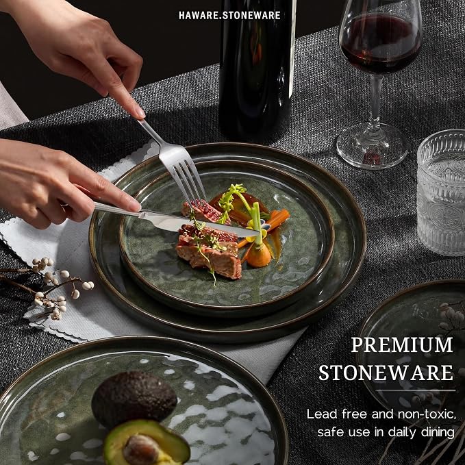 HaWare 24-Piece Dinnerware Set for 8, Reactive Moss Green | Stoneware, Ripple Design, Reactive Glazed, Scratch Resistant, Microwave and Dishwasher Safe