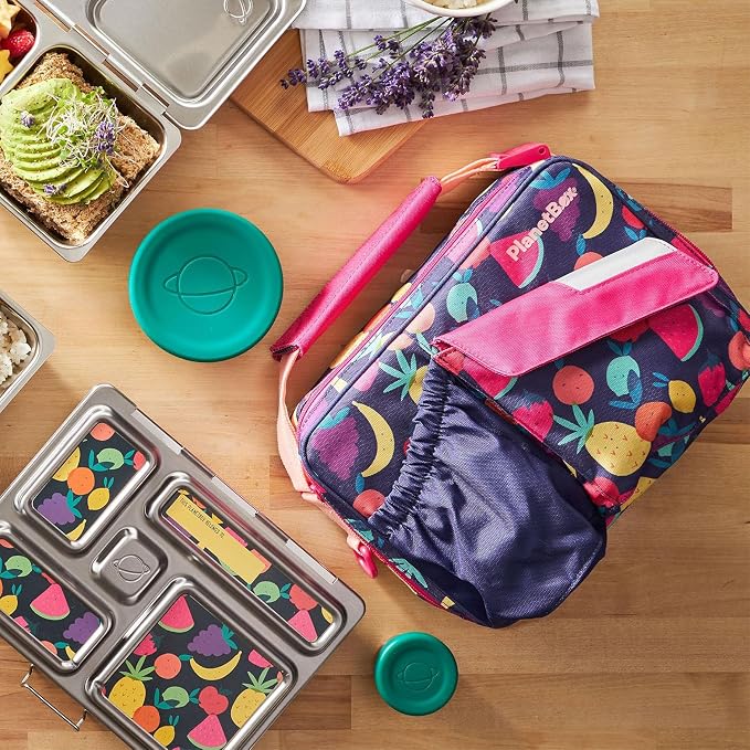 PlanetBox Rover Stainless Steel Bento Box Style Lunch Box Kit for Kids with 5 Compartments – Tutti Frutti Edition includes Insulated Lunch Bag, Leakproof Food Containers and Matching Magnets