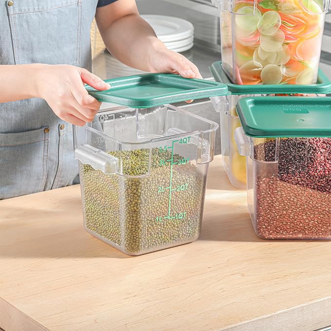 EGGKITPO 4 Pack 4 QT Food Storage Containers with Green Lids Hot Cold Resistant Stackable Square Commercial Container Set with Handle, Clear Scarle Home Party Business BPA-Free Polycarbonate
