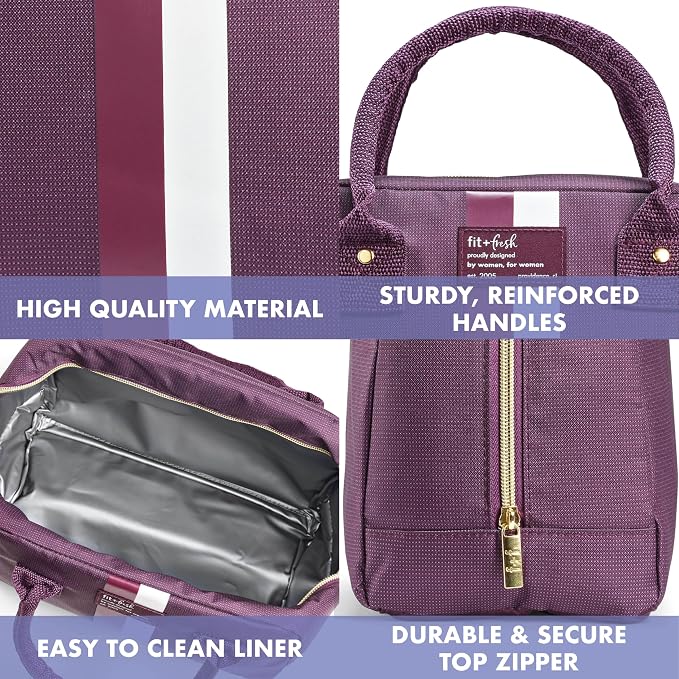 Fit & Fresh Bloomington Lunch Bag for Women - Insulated Large Lunch Box for Work with Containers, Leak-Resistant, Stain-Resistant, Zipper Closure, Plum Stripe