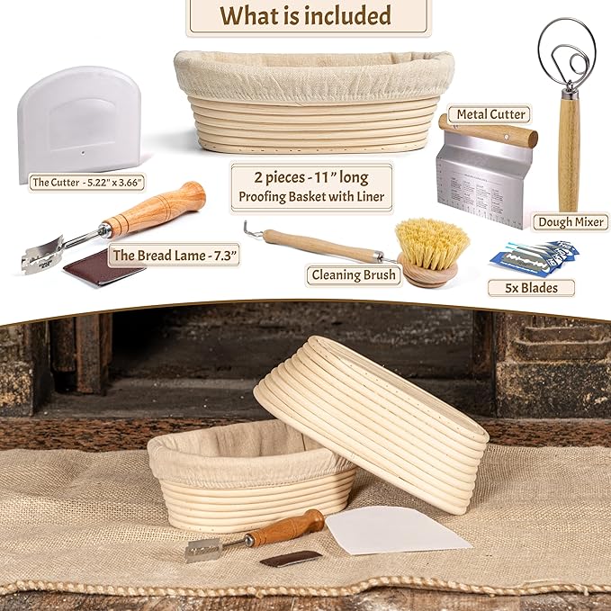 CRISS ELITE 11" Oval Banneton Proofing Basket Set of 2 - Sourdough Starter Kit with Bread Lame, Danish Whisk, Metal & Bowl Scrapers, Cleaning Brush - Professional Artisan Baker Gift Set