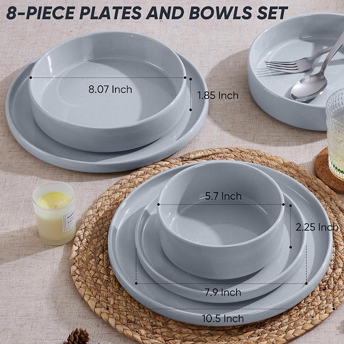 E-far 8-Piece Plates and Bowls Sets - Stoneware Dinnerware Sets with Pasta Bowls for 2 | Microwave & Dishwasher Safe Kitchen Modern Dish Set, Speckled Gray