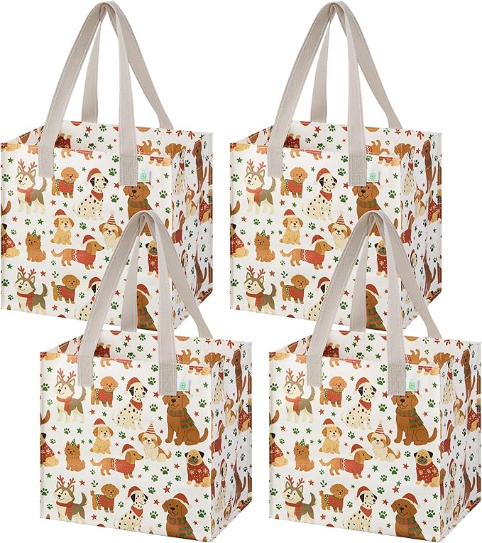VENO 4 Pack Cute Dog Reusable Grocery Bags, Heavy-Duty Shopping Bags with Handles, for Shopping Cart with Hard Bottom to Stand Upright, Foldable (Holiday Pups, 4 Pack)