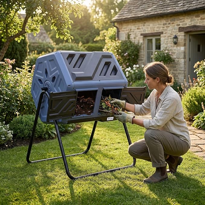 Werph Updated 43 Gallon Dual-Chamber Compost Bin, Fast Assembly Rotating Outdoor Compost Tumbler, Batch Composter with Gloves for Garden, Kitchen, and Yard Waste, Purple & Black