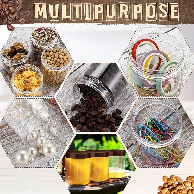 Sliner 60 Pcs 8 oz Plastic Jars with Lids Clear Round Leakproof Storage Containers Empty Refillable Plastic Mason Jars for Travel Storage Face Creams Kitchen Household Food Spice (Brown)
