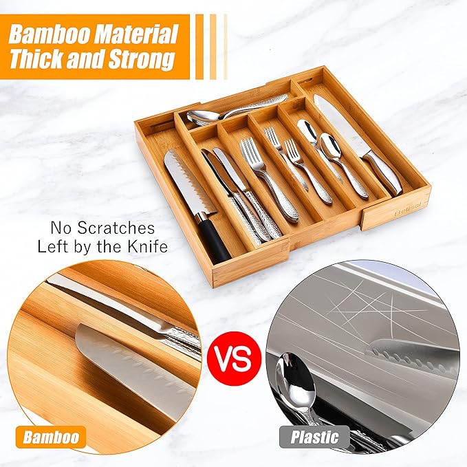 Bellsal Silverware Organizer 2 PIECE with grooves Kitchen Drawer Organizer Expandable Bamboo Utensil Holder Cutlery Tray for Kitchen Utensil and Flatware