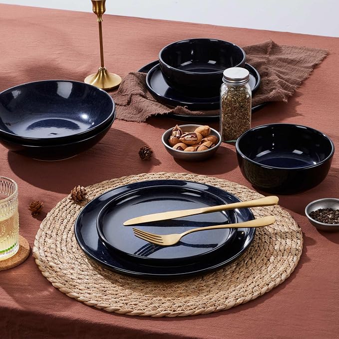 LIANYU Stoneware Dinnerware Sets with Pasta Bowls, 16 Piece Plates and Bowls Dishes Set for 4, Dishwasher Safe Dining Ware Dishware for Home Kitchen, Microwave Safe, Midnight Blue