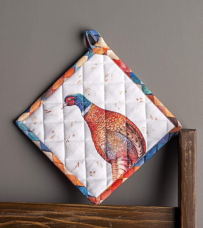 Maison d' Hermine Pot Holders Set 100% Cotton Heat Resistant Potholders 8" x 8" Hot Pads with Loop for Thanksgiving Christmas Decorations BBQ Baking Handling Hot Pans (Pack of 2, Faisan D'Automne)