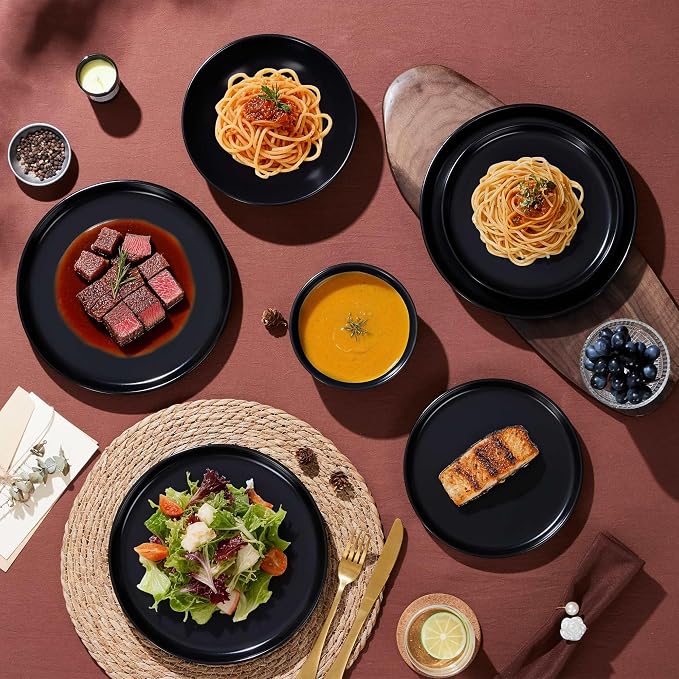 LIANYU Dinnerware Plates and Bowls, 24 Piece Stoneware Ceramic Dishes Set for 8, Dishwasher and Microwave Safe Dinning Ware Set, Dinner Salad Plates and Cereal Bowls, Scratch Resistant, Black Onyx