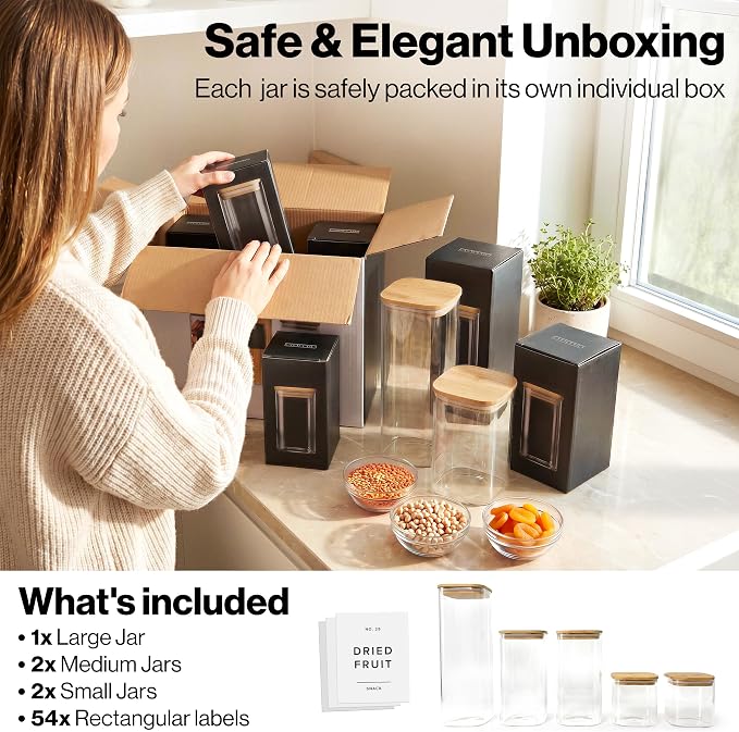 EDELHAUS Glass Storage Containers with Lids - Canister for Pantry Food | Bamboo Lids White Labels Set of 5 - cereal flour sugar rice coffee tea spice pasta noodles dry goods 54 pre-printed labels