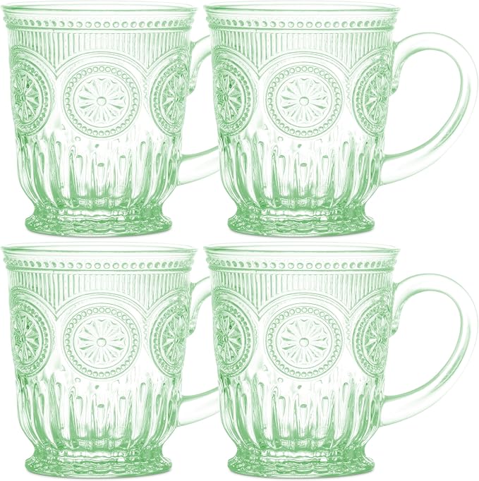 Green Glass Coffee Cups - Set of 4 Vintage Coffee Mugs – 10oz Vintage Tea Cups, Pastel Apple Green Aesthetic Mug Set, Unique Tea Cup Glass with Sunflower Design, Dishwasher Safe, Lead-Free