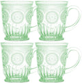 Green Glass Coffee Cups - Set of 4 Vintage Coffee Mugs – 10oz Vintage Tea Cups, Pastel Apple Green Aesthetic Mug Set, Unique Tea Cup Glass with Sunflower Design, Dishwasher Safe, Lead-Free