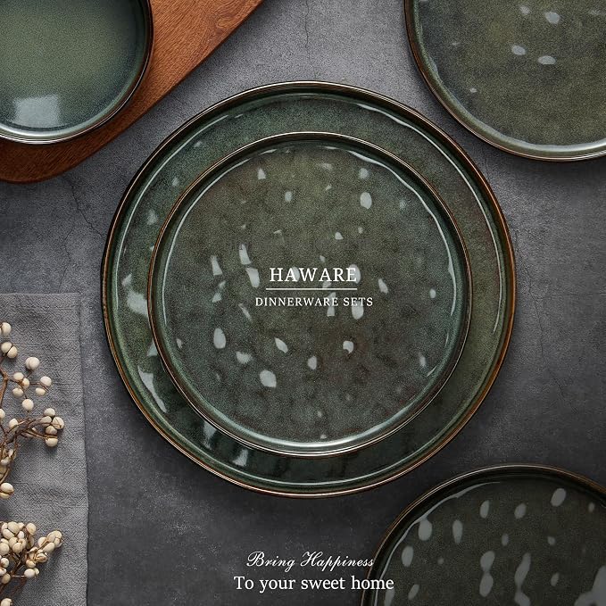 HaWare Dinnerware Sets, 12-Piece Plates and Bowls Set, Stoneware Dish Set for 4, Ceramic Dinnerware for Home Restaurant, Chip and Scratch Resistant, Microwave and Dishwasher Safe, Reactive Moss Green