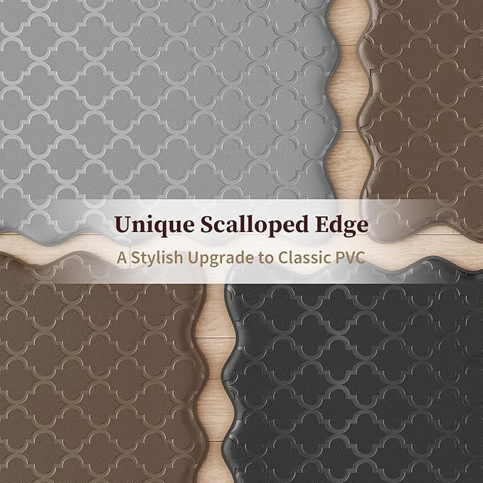 Arenarug Upgrade Scalloped Embossed Kitchen Mats for Floor 2PCS Cushioned Anti Fatigue Waterproof Foam Kitchen Rugs Non Slip Washable Comfort Standing Mat for Sink Laundry, 17.3"x30"+17.3"x59", Brown