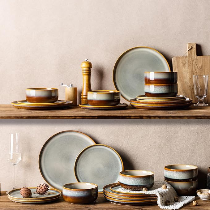 Ceramic Dinnerware Sets for 8, 24 Pieces Handmade Reactive Glaze Plates and Bowls Set, Scratch Resistant Dish Set, Oven & Microwave & Dishwasher Safe, Dusk Blue