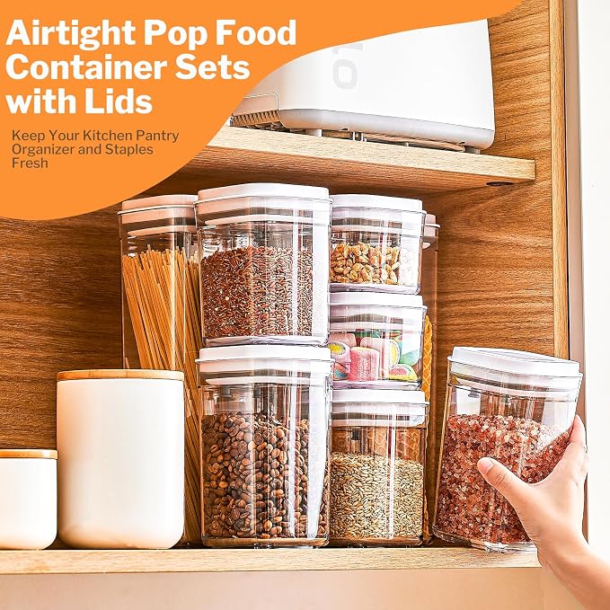 UFORU Pop Top Food Storage Container Set | 8Pcs Airtight Cereal Storage Organizer Canisters with Pop Lids, BPA-Free, Vacuum Seal & One-button Opening, Stackable Pantry Containers for Dry Food Storage