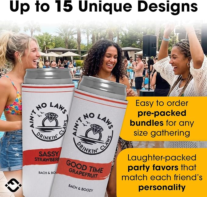 Funky Junque Bachelorette Party Favors Slim Can Cooler, Funny Bridesmaid & Bride Gifts for Girls Trip, Bridal Shower Decor & Accessories, 12 oz Skinny Can Covers - Ain't No Laws - Boozy Bride Single