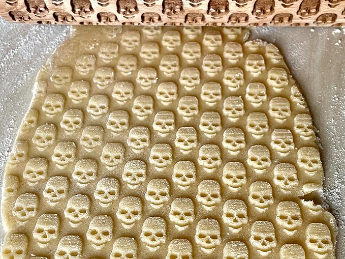 SKULL Rolling Pin. Embossing rolling pin with SKULL PATTERN Embossed skull cookies for HALLOWEEN. Wooden Laser Cut Rolling Pin for Halloween cookies, play dough, salt dough by Algis Crafts