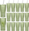 16 Set 20oz Vintage Plastic Tumbler with Lids and Straws Ribbed Floral Drinking Glasses Reusable Iced Coffee Cups for Water Juice Smoothie Cocktail Travel Party Events Gift (Green)