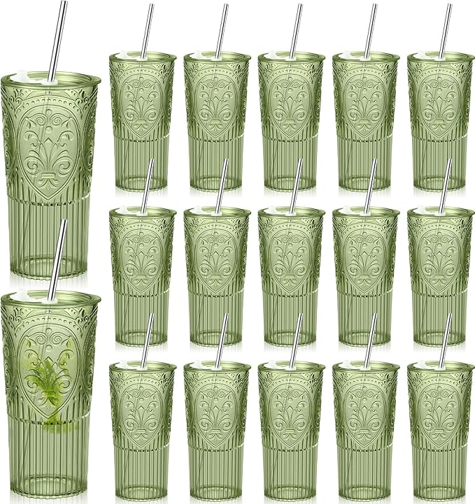 16 Set 20oz Vintage Plastic Tumbler with Lids and Straws Ribbed Floral Drinking Glasses Reusable Iced Coffee Cups for Water Juice Smoothie Cocktail Travel Party Events Gift (Green)